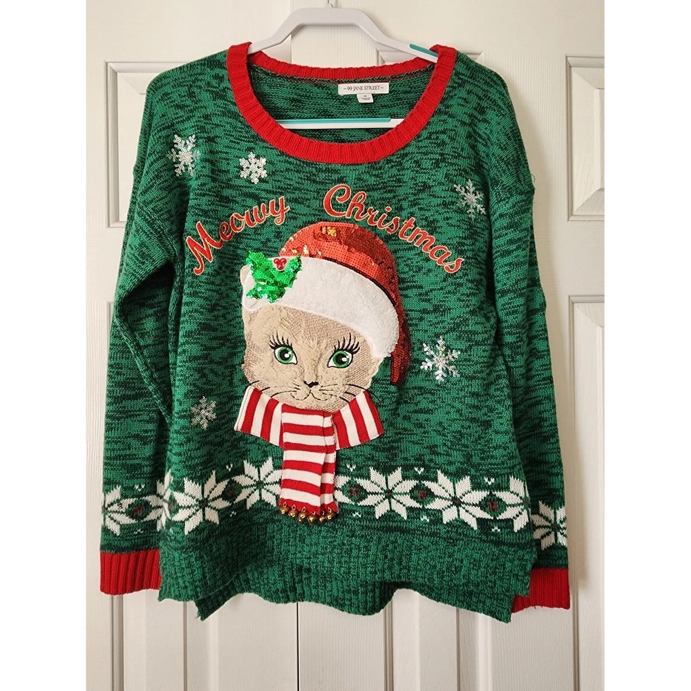 99 Jane Street Meowy Christmas Cat Holiday Sweater Green Sequin Jingle Bells M